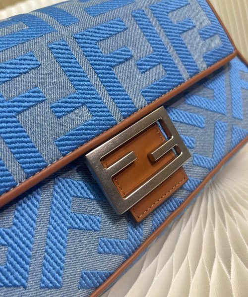 1:1 Replica Fendi Denim Bag With FF Embroidery Blue For Women 26cm / 10.2in