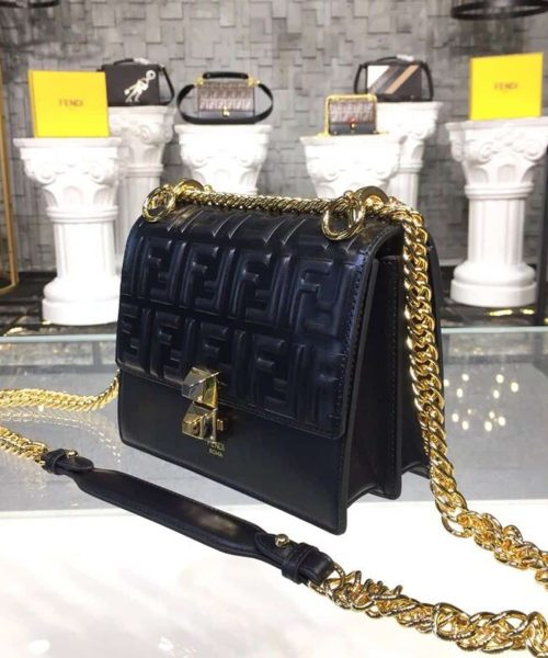 1:1 Replica Fendi FF Logo Kan I Bag 9.8in/25cm With Gold Toned Chain Black For Women