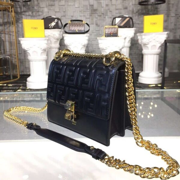 1:1 Replica Fendi FF Logo Kan I Bag 9.8in/25cm With Gold Toned Chain Black For Women