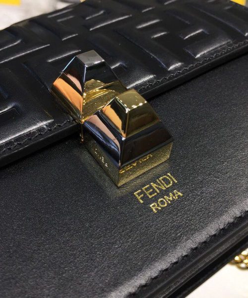 1:1 Replica Fendi FF Logo Kan I Bag 9.8in/25cm With Gold Toned Chain Black For Women
