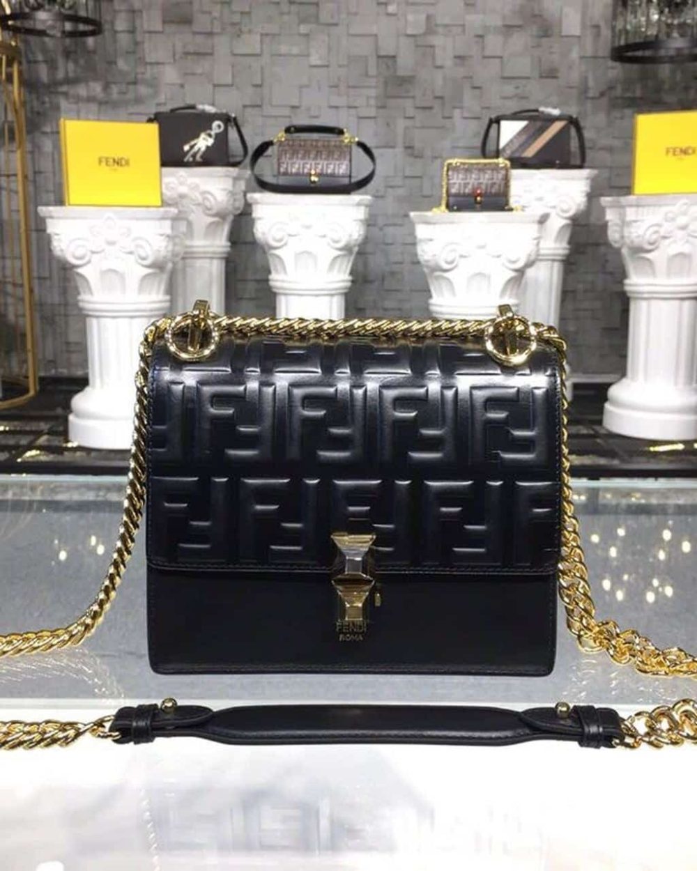 1:1 Replica Fendi FF Logo Kan I Bag 9.8in/25cm With Gold Toned Chain Black For Women