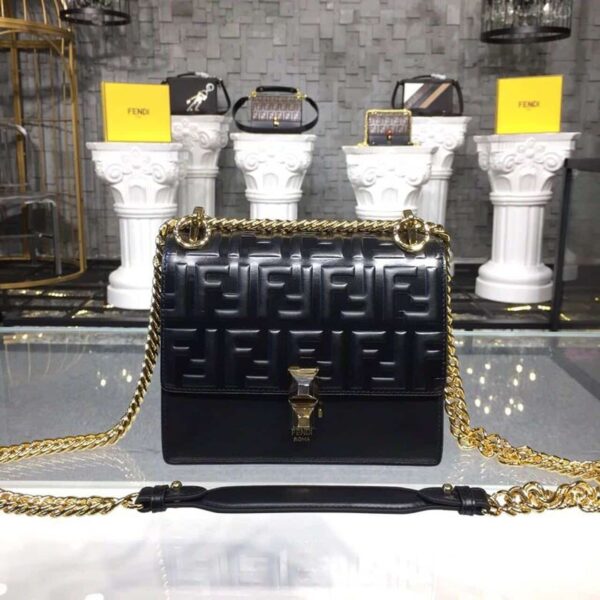 1:1 Replica Fendi FF Logo Kan I Bag 9.8in/25cm With Gold Toned Chain Black For Women