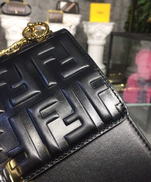 1:1 Replica Fendi FF Logo Kan I Bag 9.8in/25cm With Gold Toned Chain Black For Women