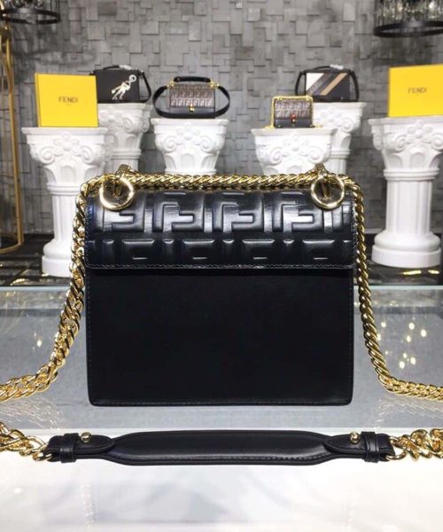 1:1 Replica Fendi FF Logo Kan I Bag 9.8in/25cm With Gold Toned Chain Black For Women