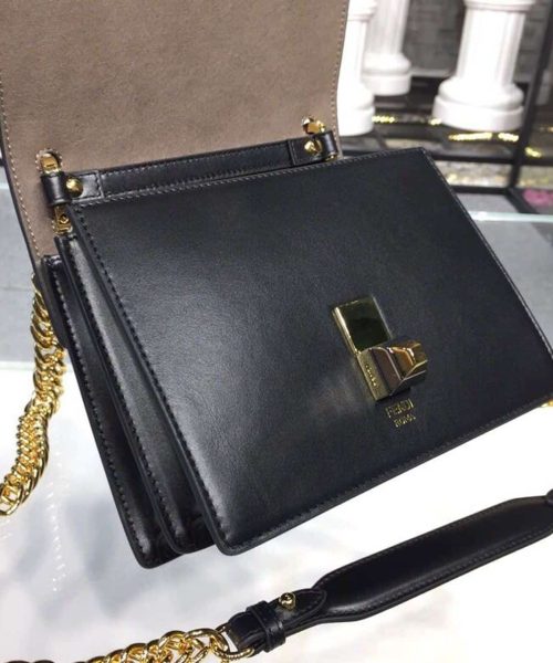 1:1 Replica Fendi FF Logo Kan I Bag 9.8in/25cm With Gold Toned Chain Black For Women