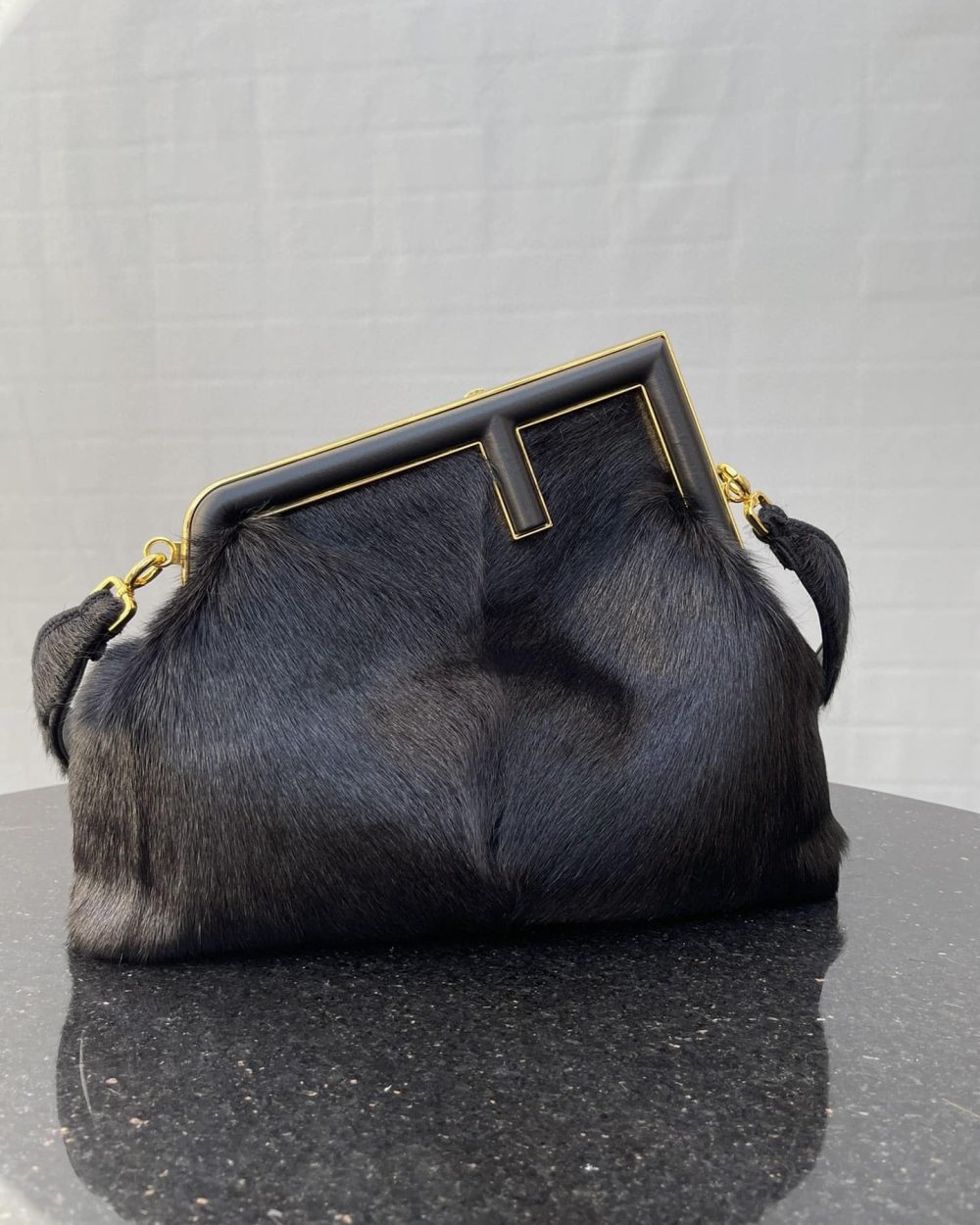 1:1 Replica Fendi First Medium Black Fox Fur Bag For Woman 32.5cm/13in