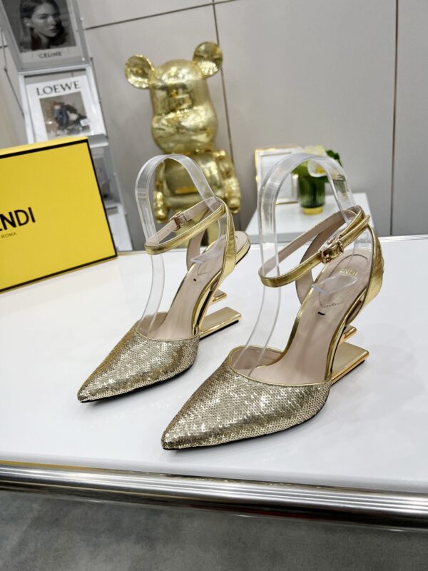 Fendi First Gold Glitter High-Heeled Slingbacks For Women
