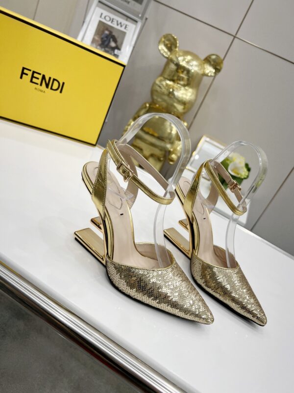 Fendi First Gold Glitter High-Heeled Slingbacks For Women