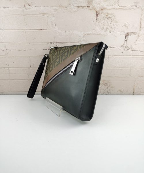 1:1 Replica Fendi Flat Pouch Black Fabric Pouch Grey Stripes For Men 27cm/10.5in FF