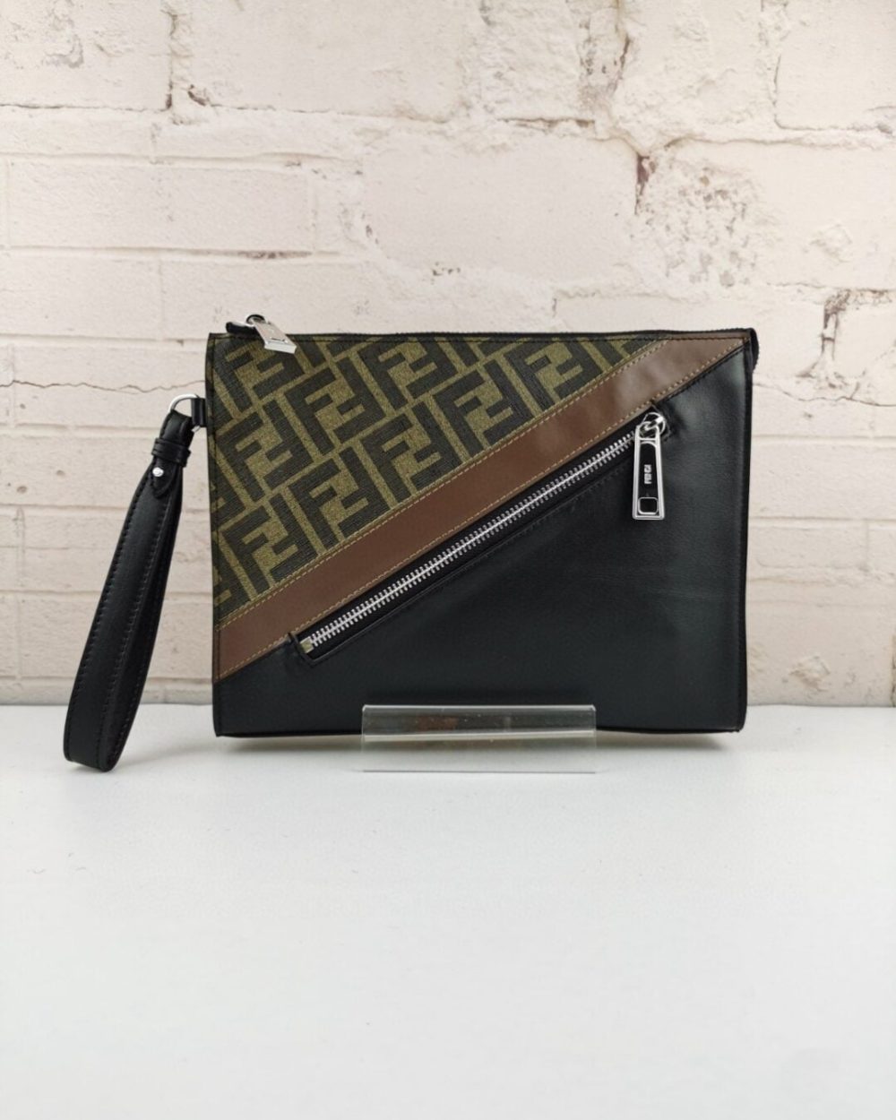 1:1 Replica Fendi Flat Pouch Black Fabric Pouch Grey Stripes For Men 27cm/10.5in FF