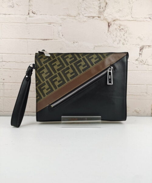 Fendi Flat Pouch Black Fabric Pouch Grey Stripes For Men 27cm/10.5in FF
