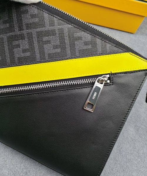 1:1 Replica Fendi Flat Pouch Black Fabric Pouch Yellow Stripes For Men 27cm/10.5in FF 7VA491A9XSF0R2A