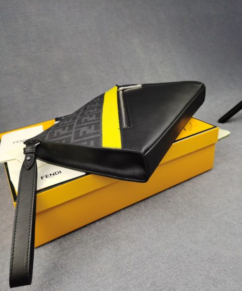 1:1 Replica Fendi Flat Pouch Black Fabric Pouch Yellow Stripes For Men 27cm/10.5in FF 7VA491A9XSF0R2A