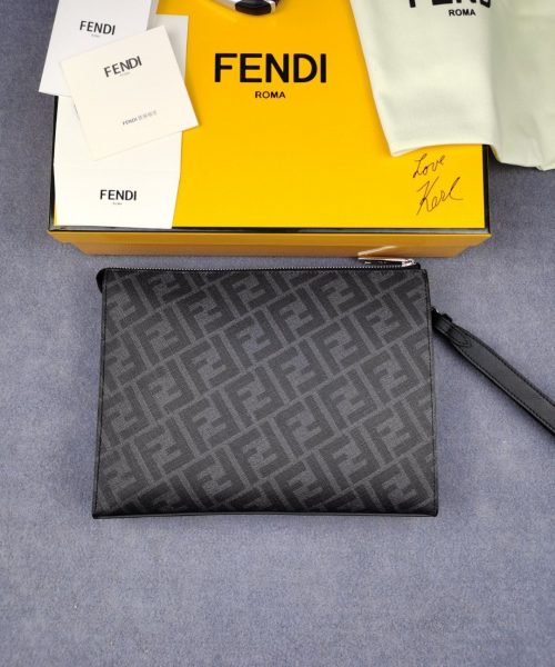 1:1 Replica Fendi Flat Pouch Black Fabric Pouch Yellow Stripes For Men 27cm/10.5in FF 7VA491A9XSF0R2A