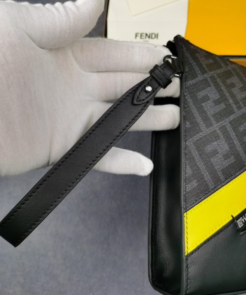 1:1 Replica Fendi Flat Pouch Black Fabric Pouch Yellow Stripes For Men 27cm/10.5in FF 7VA491A9XSF0R2A