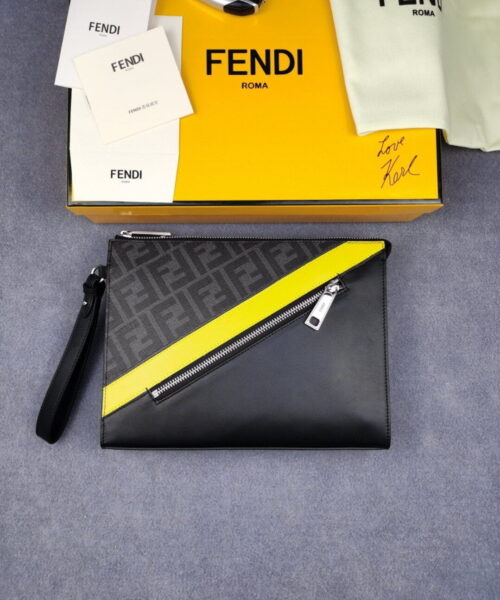 Fendi Flat Pouch Black Fabric Pouch Yellow Stripes For Men 27cm/10.5in FF 7VA491A9XSF0R2A