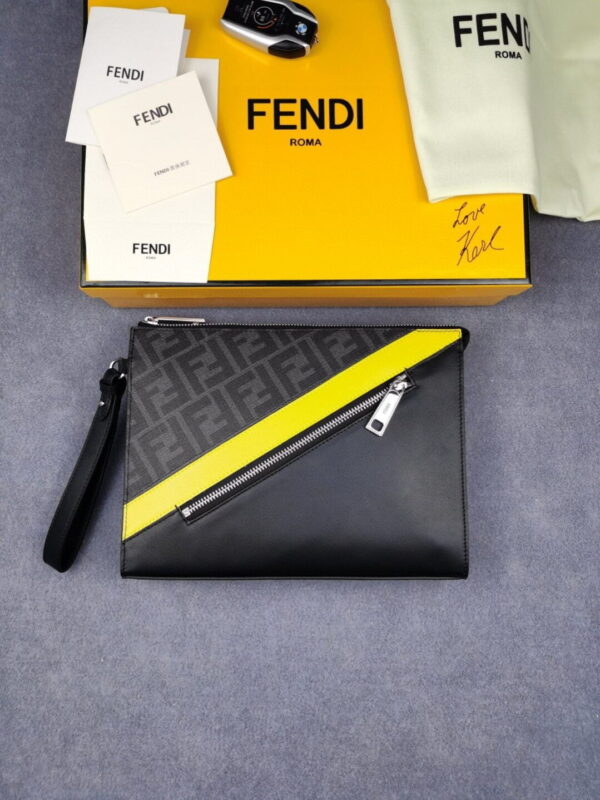 Fendi Flat Pouch Black Fabric Pouch Yellow Stripes For Men 27cm/10.5in FF 7VA491A9XSF0R2A