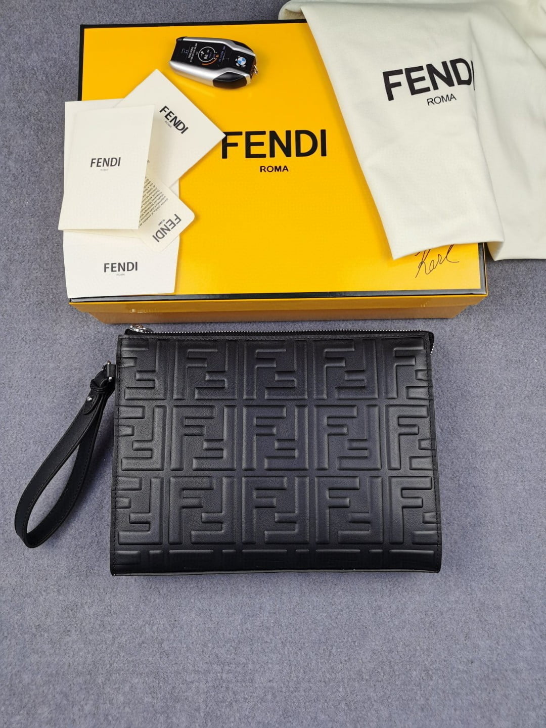 1:1 Replica Fendi Flat Pouch Black Nappa Pouch For Men 27cm/10.5in FF 7VA491A72VF0GXN