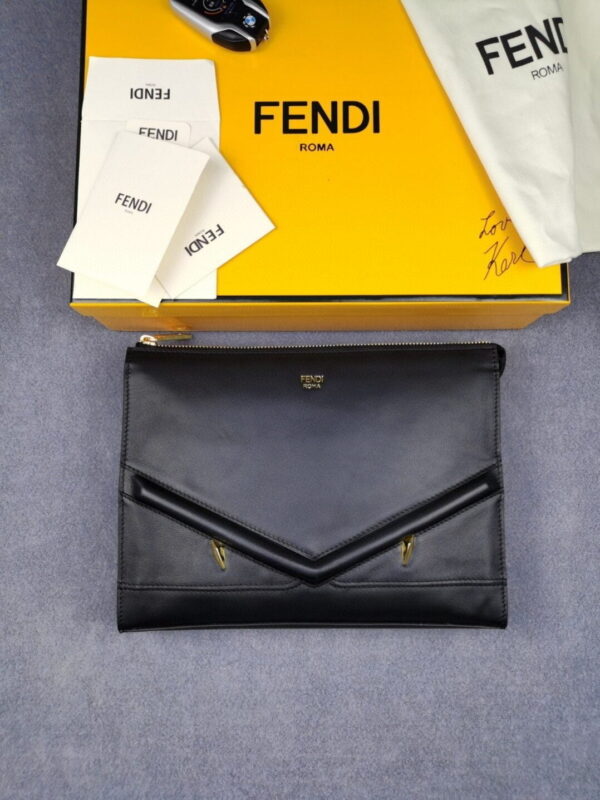 Fendi Flat Zip Pouch in Black With Gold Toned Metalware For Men 27cm/10.5in FF