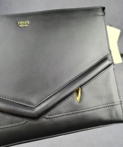 1:1 Replica Fendi Flat Zip Pouch in Black With Gold Toned Metalware For Men 27cm/10.5in FF