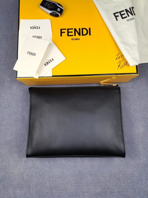 Fendi Flat Zip Pouch in Black With Gold Toned Metalware For Men 27cm/10.5in FF