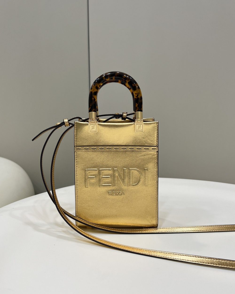1:1 Replica Fendi Mini Sunshine Shopper Gold For Women, Women's Handbags, Shoulder And Crossbody Bags 7.1in/18cm FF 8BS051AJH7F1GNN
