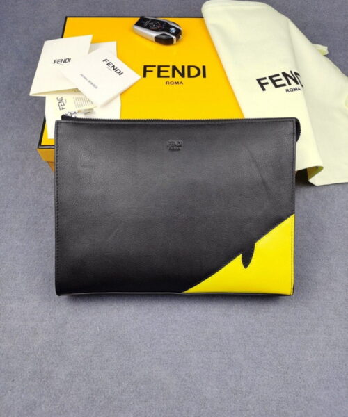 Fendi Monster Eyes Camera Flat Zip Pounch Black, Yellow For Men 27cm/10.5in FF
