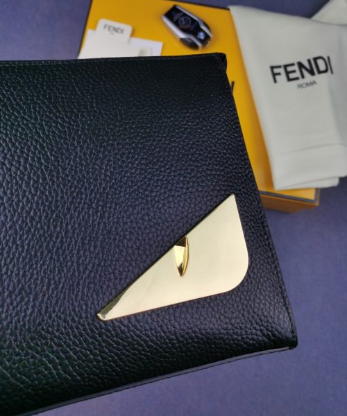 1:1 Replica Fendi Monster Eyes Flat Zip Pound Clutch in Black with Gold Toned Hardware For Men 27cm/10.5in FF