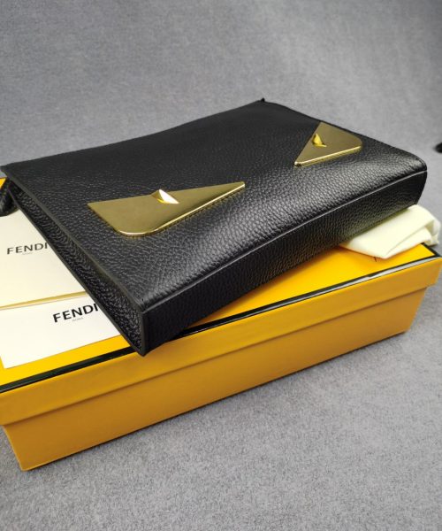 1:1 Replica Fendi Monster Eyes Flat Zip Pound Clutch in Black with Gold Toned Hardware For Men 27cm/10.5in FF