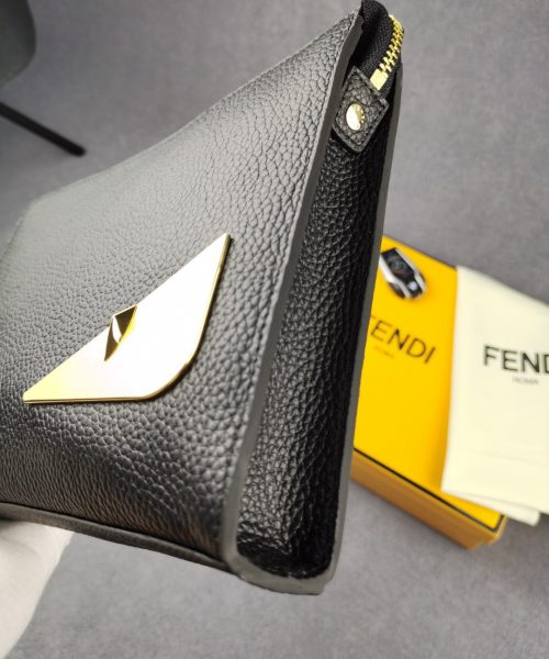 1:1 Replica Fendi Monster Eyes Flat Zip Pound Clutch in Black with Gold Toned Hardware For Men 27cm/10.5in FF