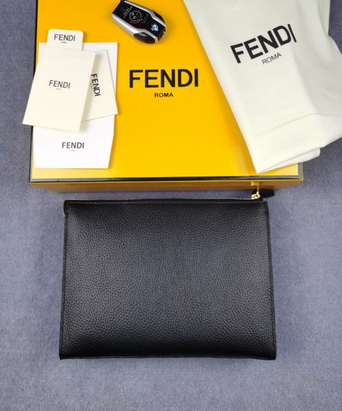 1:1 Replica Fendi Monster Eyes Flat Zip Pound Clutch in Black with Gold Toned Hardware For Men 27cm/10.5in FF