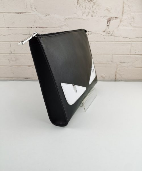 1:1 Replica Fendi Monster Eyes Flat Zip Pound Clutch in Black with Silver Hardware For Men 27cm/10.5in FF