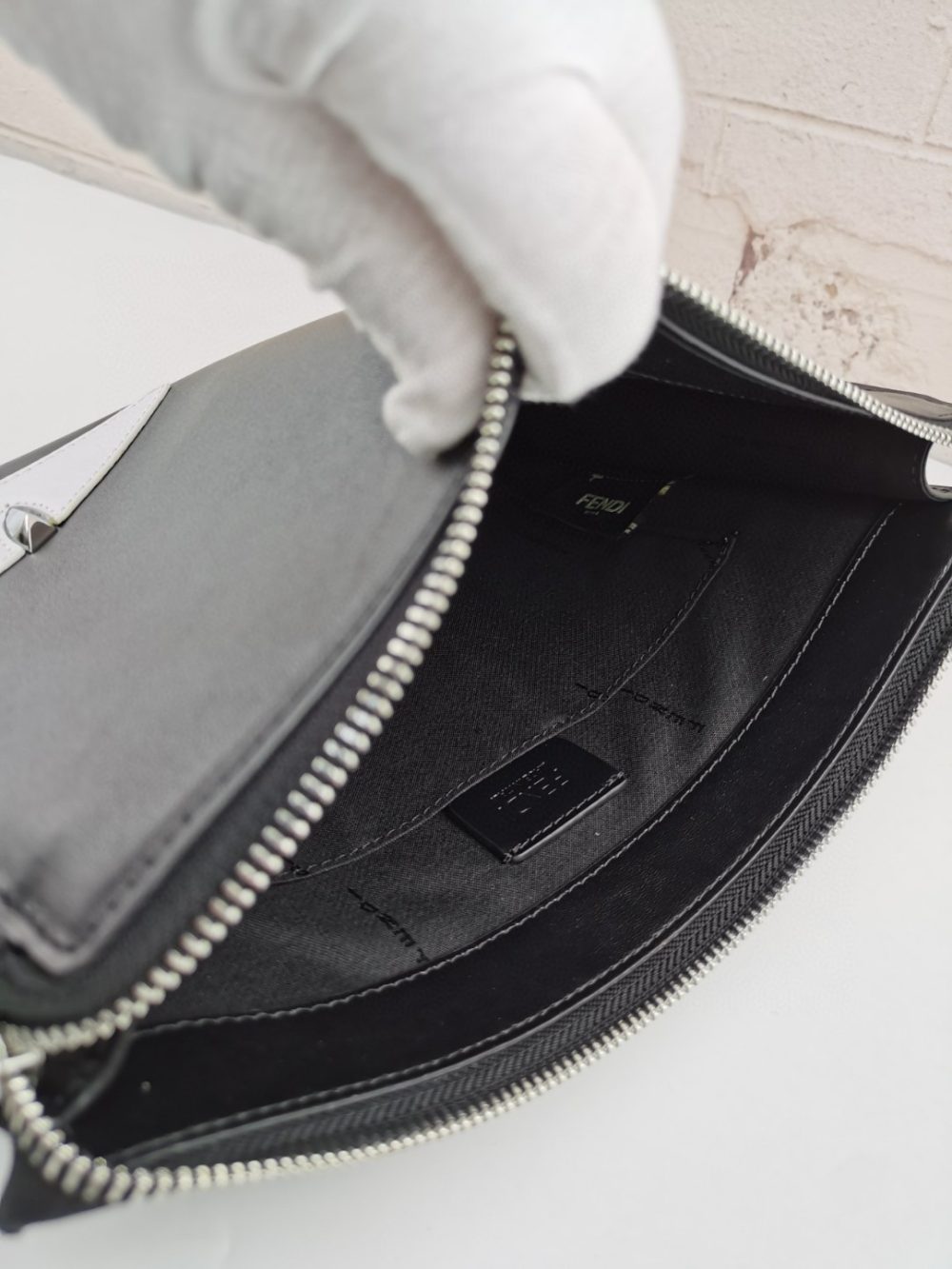 1:1 Replica Fendi Monster Eyes Flat Zip Pound Clutch in Black with Silver Hardware For Men 27cm/10.5in FF - Image 6