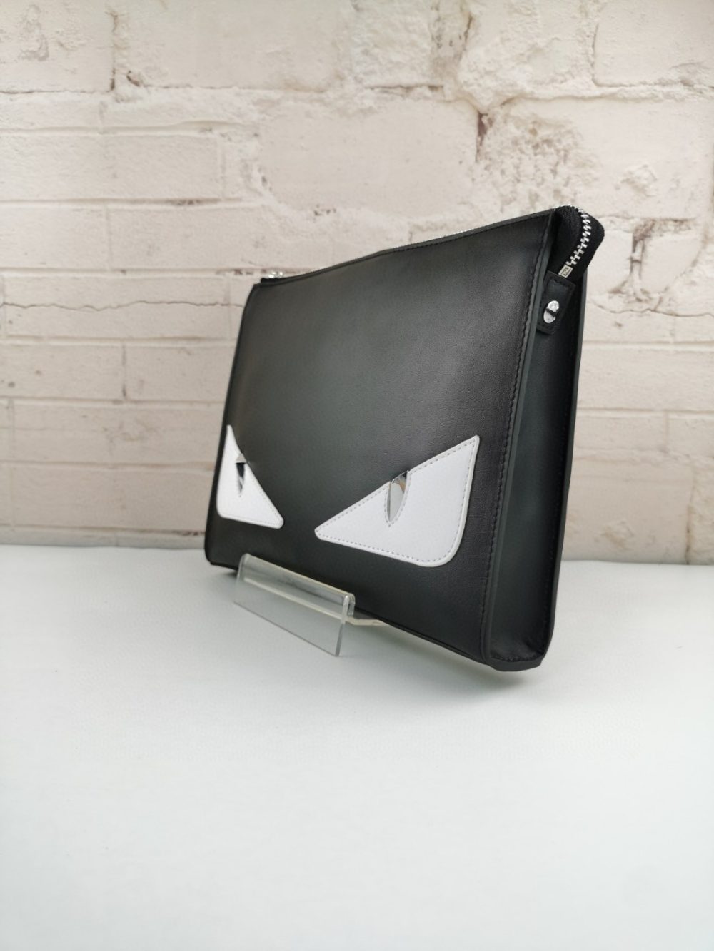 1:1 Replica Fendi Monster Eyes Flat Zip Pound Clutch in Black with Silver Hardware For Men 27cm/10.5in FF - Image 7