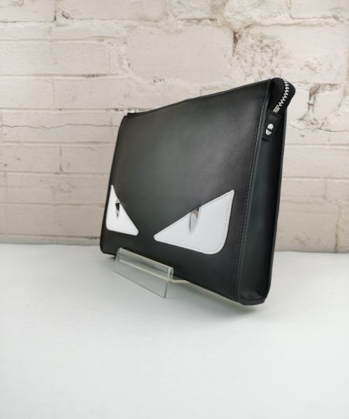 1:1 Replica Fendi Monster Eyes Flat Zip Pound Clutch in Black with Silver Hardware For Men 27cm/10.5in FF