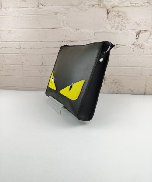 1:1 Replica Fendi Monster Eyes Flat Zip Pound Clutch in Black Yellow Eyes with Silver Hardware For Men 27cm/10.5in FF