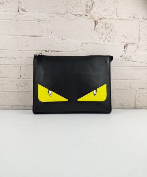 Fendi Monster Eyes Flat Zip Pound Clutch in Black Yellow Eyes with Silver Hardware For Men 27cm/10.5in FF