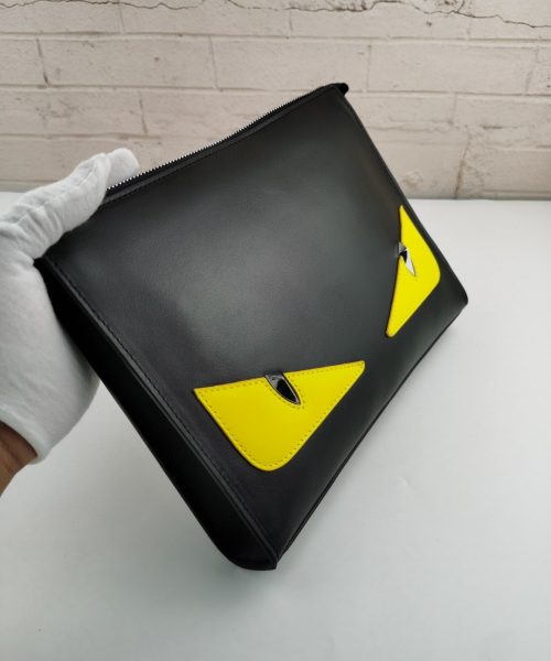 1:1 Replica Fendi Monster Eyes Flat Zip Pound Clutch in Black Yellow Eyes with Silver Hardware For Men 27cm/10.5in FF