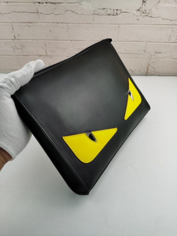Fendi Monster Eyes Flat Zip Pound Clutch in Black Yellow Eyes with Silver Hardware For Men 27cm/10.5in FF