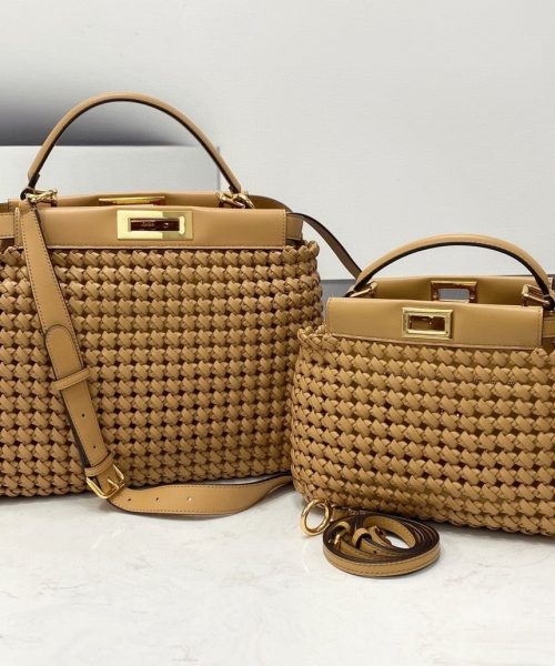 1:1 Replica Fendi Peekaboo Mini Light Brown Braided Bag For Woman 18cm/7in