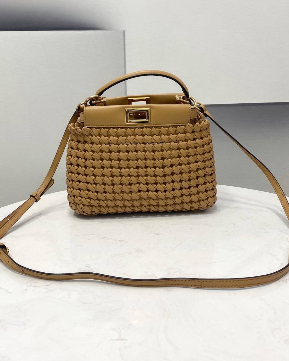 1:1 Replica Fendi Peekaboo Mini Light Brown Braided Bag For Woman 18cm/7in