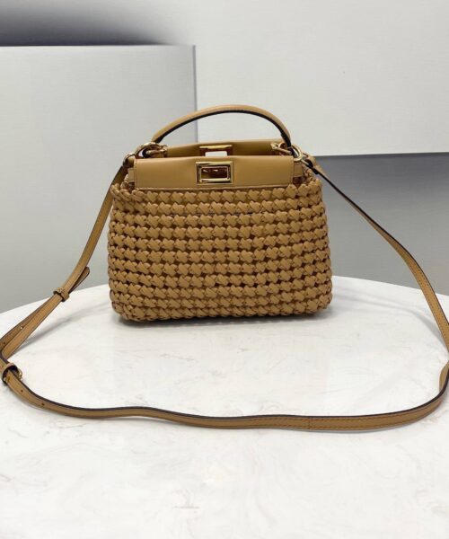 1:1 Replica Fendi Peekaboo Mini Light Brown Braided Bag For Woman 18cm/7in