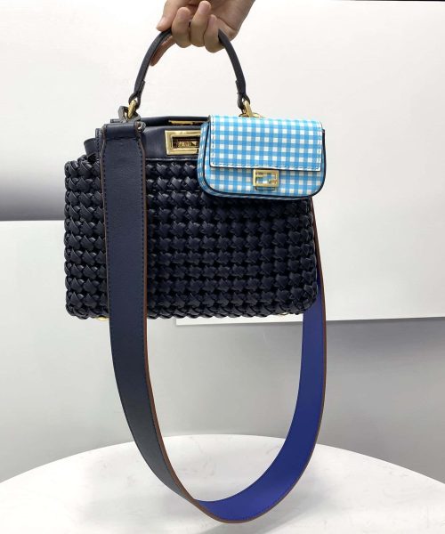 1:1 Replica Fendi Peekaboo Mini Navy Blue Braided Bag For Woman 18cm/7in