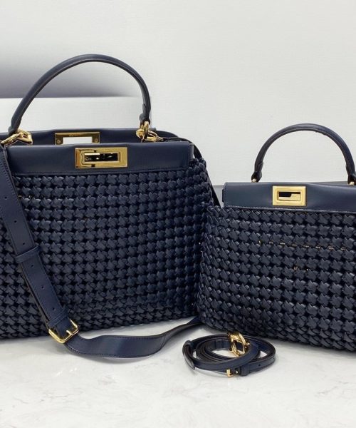 1:1 Replica Fendi Peekaboo Mini Navy Blue Braided Bag For Woman 18cm/7in
