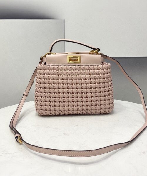 1:1 Replica Fendi Peekaboo Mini Pale Pink Braided Bag For Woman 18cm/7in