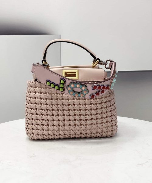 1:1 Replica Fendi Peekaboo Mini Pale Pink Braided Bag For Woman 18cm/7in