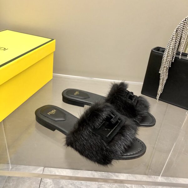 Fendi Signature Black Mink Slides For Women