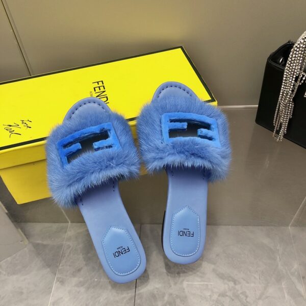 Fendi Signature Blue Mink Slides For Women
