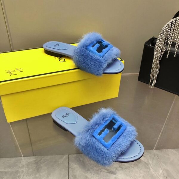 Fendi Signature Blue Mink Slides For Women
