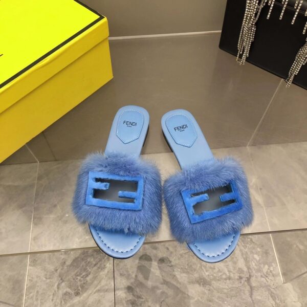 Fendi Signature Blue Mink Slides For Women